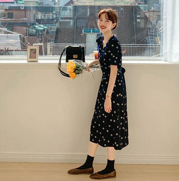 

2021 plus size new summer dress boho party chiffon female vintage dress blue dot long sleeve women dresses robe vestido, Black;gray