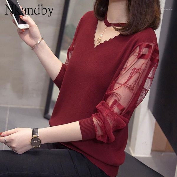 

plus size v neck pullover sweaters women lace patchwork jumpers autumn winter oversized fashion office ladies knit knitwear1, White;black