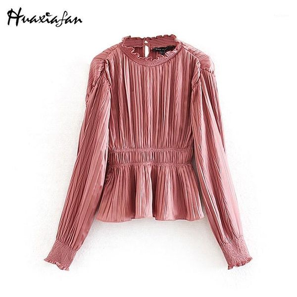

huaxiafan women stylish solid color casual slim pleated smock blouse office ladies long sleeve shirts chic agaric lace 1, White