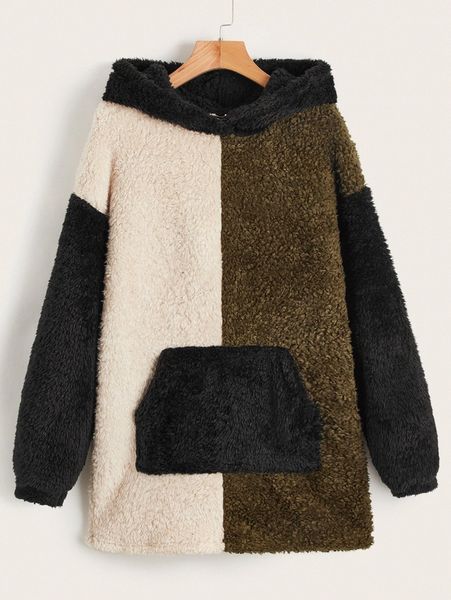 

colorblock kangaroo pocket teddy sweatshirt c6tb#, White;black