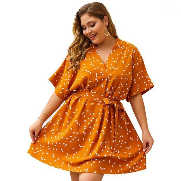 

loose dot dress women plus size 3xl 4xl printed sashes deep v-neck short sleeve green lacing bohemian party dress ladies jurken1, Black;gray