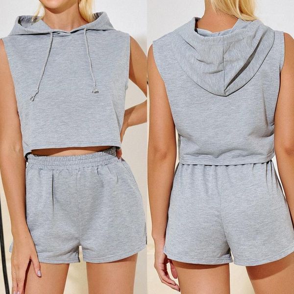 

women's tracksuits two piece crop mini shorts summer womens fashion casual one cap sleeveless suit1, Gray