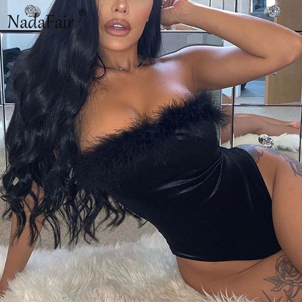 

nadafair patchwork velvet fur feather black bodysuit nightclub bodysuit women tube bodycon body female for woman, Black;white