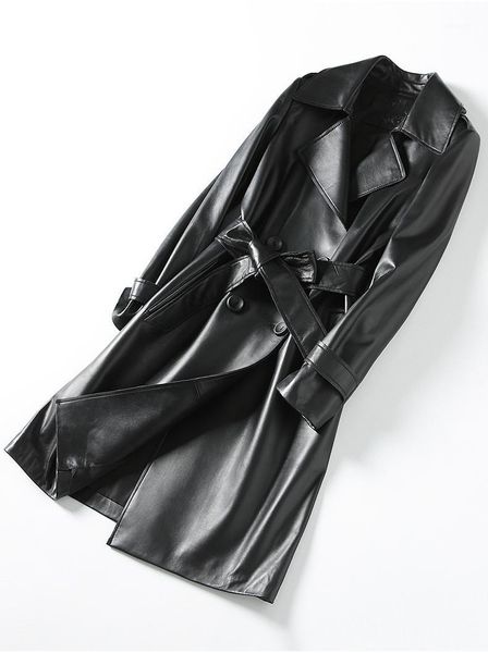 

genuine leather jacket women 2020 fashion real sheepskin coat long trench female with belt autumn winter jackets yfg70191, Black