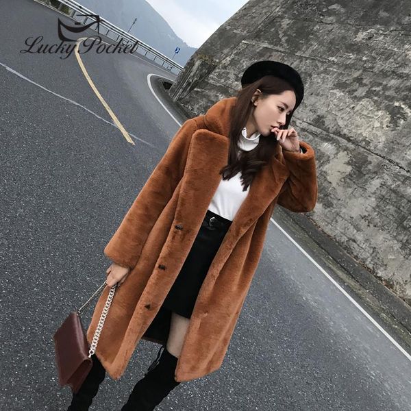 

women winter casual plus size solid color thick loose fur coat ladies fashion keep warm mid-length lapel parkas outerwear zy104, Black