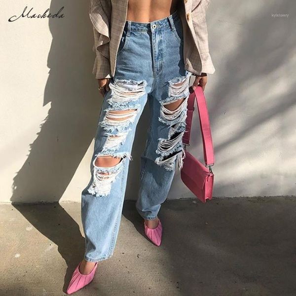 

macheda high waist loose jeans clothes women casual blue denim streetwear ripped hole trousers lady fashion straight pants 20201