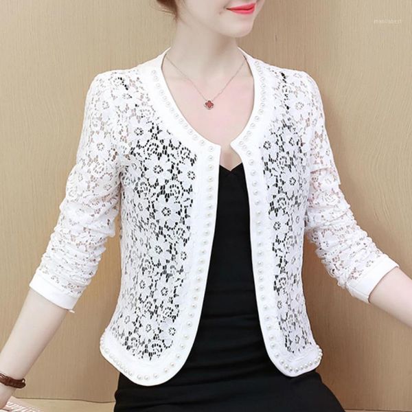 

women's coat long sleeve beaded cutout lace jacket coat women1, White;black