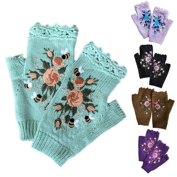 

five fingers gloves women winter crochet knitted fingerless sweet colorful floral bee embroidery thumbhole texting mittens arm warmer, Blue;gray