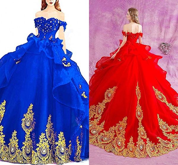 

gorgeous puffy princess ball gown dresses off the shoulder golden lace appliqued sweet 16 quinceanera dresses beaded formal prom gown al3203, Blue;red