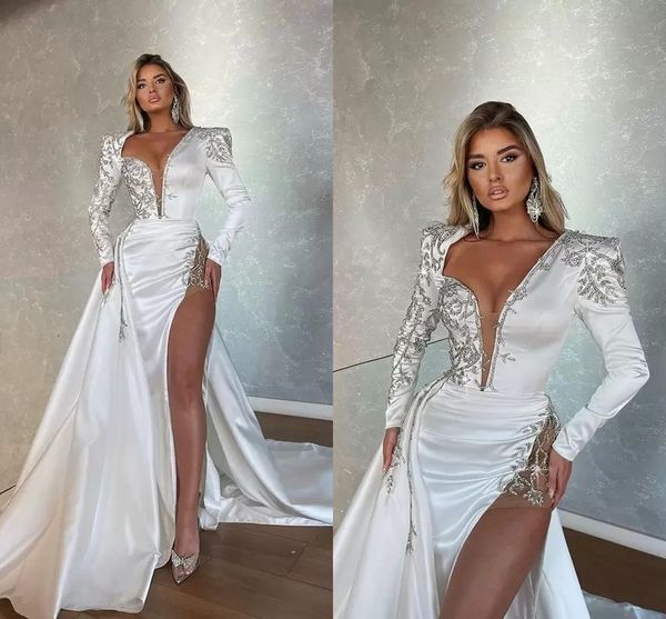 Arábia Saudita Dubai Manga Longa Sereia Vestidos De Casamento De Mermaid Entrando V Neck Beading Overskes Overskes Nupcial Vestido Árabe Aso Ebi Sexy Lateral Alto Slit Mulheres Vestidos de Novia Al9820