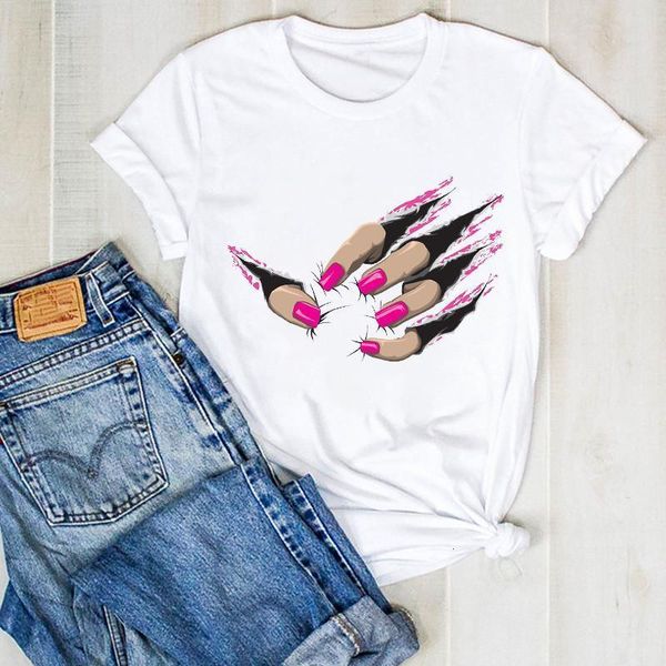 

summer women lady finger nail print short sleeve beauty nail graphic tee tshirt womens female shirt clothes t-shirt harajuku, White