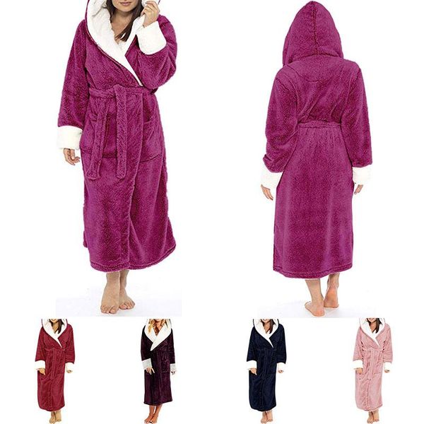 

women's sleepwear night dress women long bathrobe coral fleece robe winter lengthened plush thermal shawl warm nightgown, Black;red