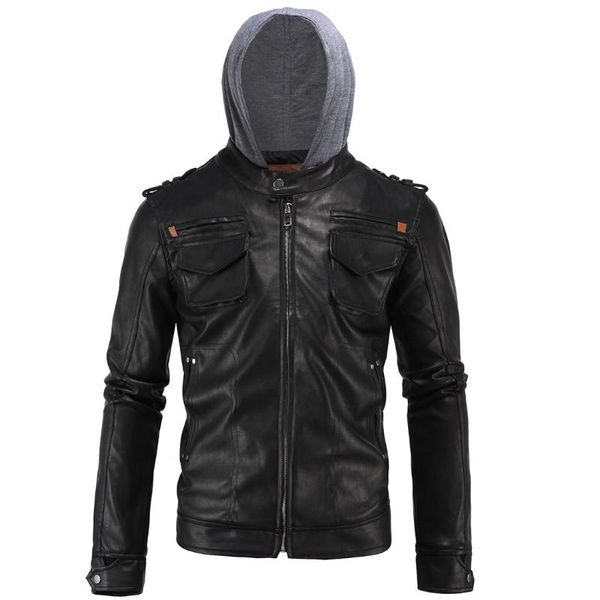 

new leather jacket men slim fit fashion dropshipping motorcycle biker vintage clothes male zippers hooded coat, Black