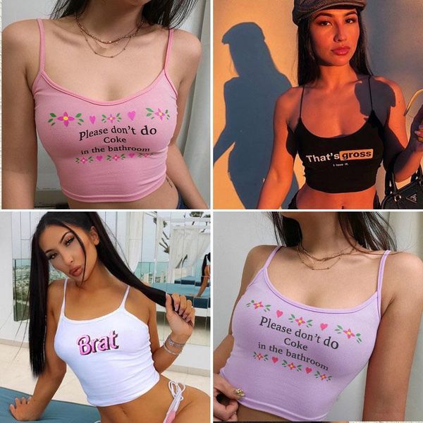 

women summer strappy letter print tank vest short crop ladies camis tees, White