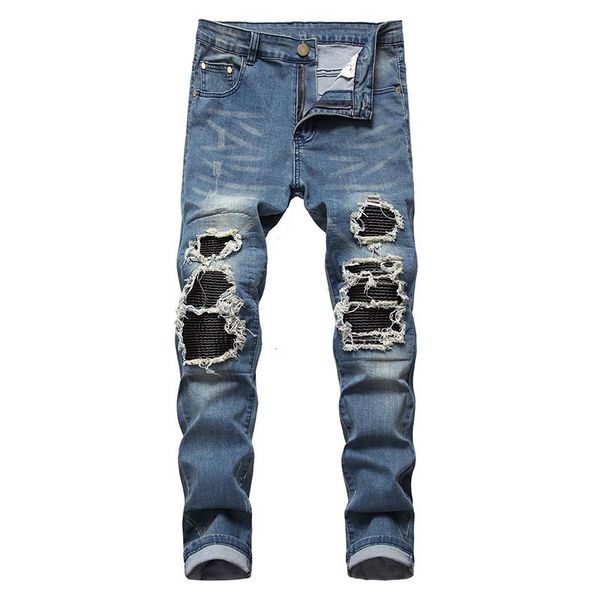 

sokotoo men's pu leather patchwork ripped biker jeans streetwear pleated stretch denim pencil pants blue black