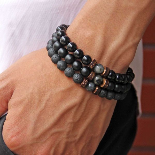 

men's volcanic stone coconut imitating obsidian chip yoga energy bracelet, Silver