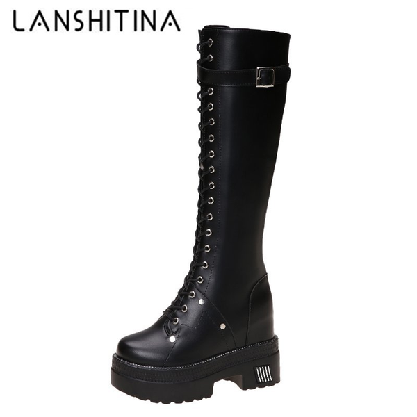 

chunky platform pu leather knee high boots women retro punk height increasing long boots woman warm winter booties mujer 2020, Black