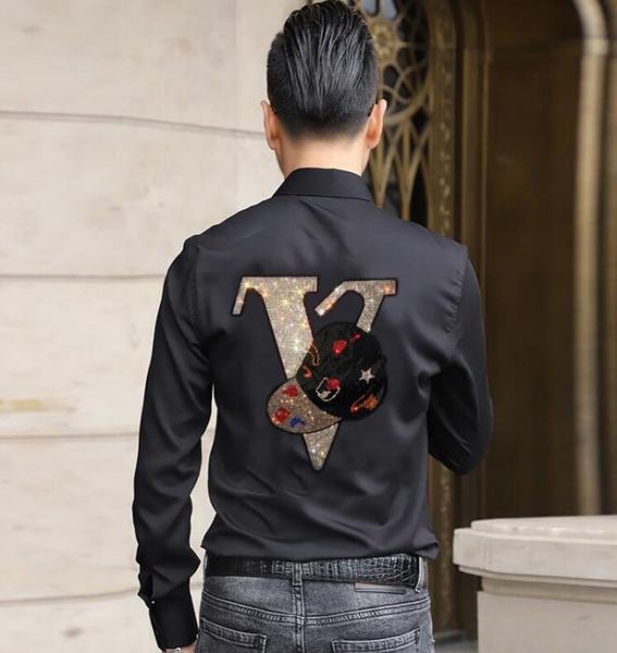 

sale men diamond stone shirt long sleeve streetwear casual autumn button asian size m-3xl drop shipping, White;black
