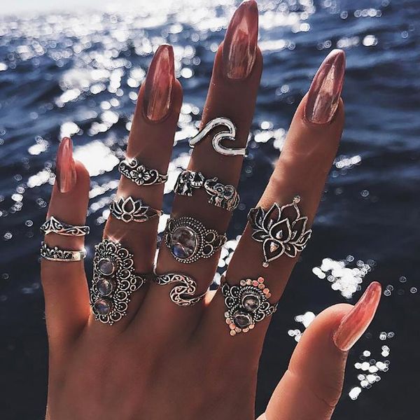 

11pcs/set bohemian rings pierced lotus surf elephant carved geometric crystal silver color ring set women dance party jewelry, Golden;silver