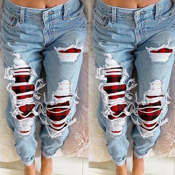 

women's jeans ripped red plaid patchwork women fashion denim pants with holes casual straight mid waist loose jean streetwear d30, Blue