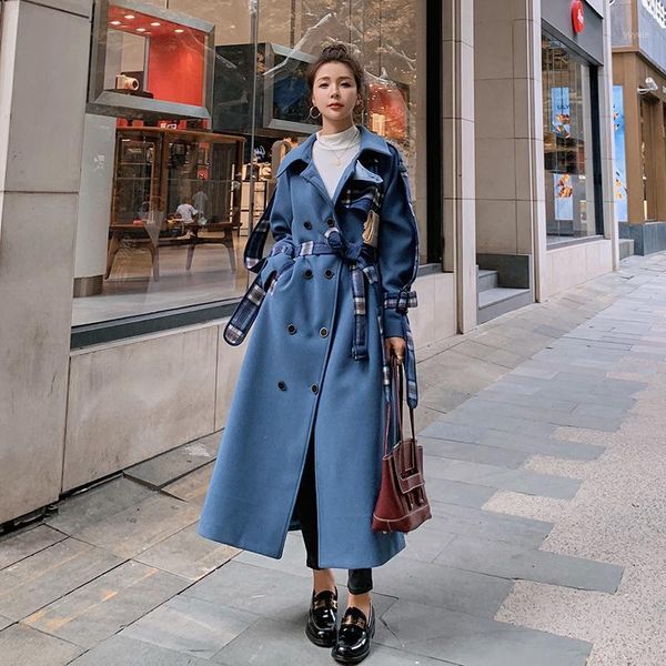 

female jacket 2020 autumn winter plaid splicing over knee loose slimming mid-length casual thickened warm wool woolen coat a981, Black
