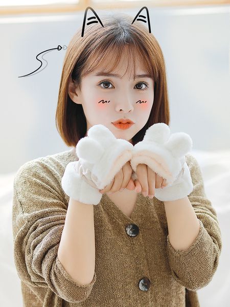 

glove girl winter korean christmas gift plush warm cotton open finger half cute student soft sister