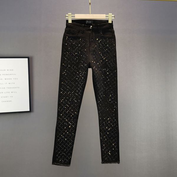 

women's rhinestone high waisted jeans 2021 spring autumn slim fit skinny pencil pants stretch black jean students denim trouser y1214, Blue