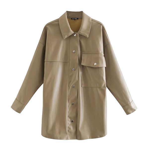 

2021 new bbwm women fashion faux leather pockets oversized jacket long sleeve side vents coat female 88n8, Black