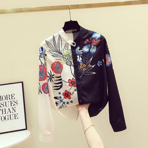 

europe style autumn 2020 fashion women's long sleeves patchwork floral shirts female shirt blouse a35301, White