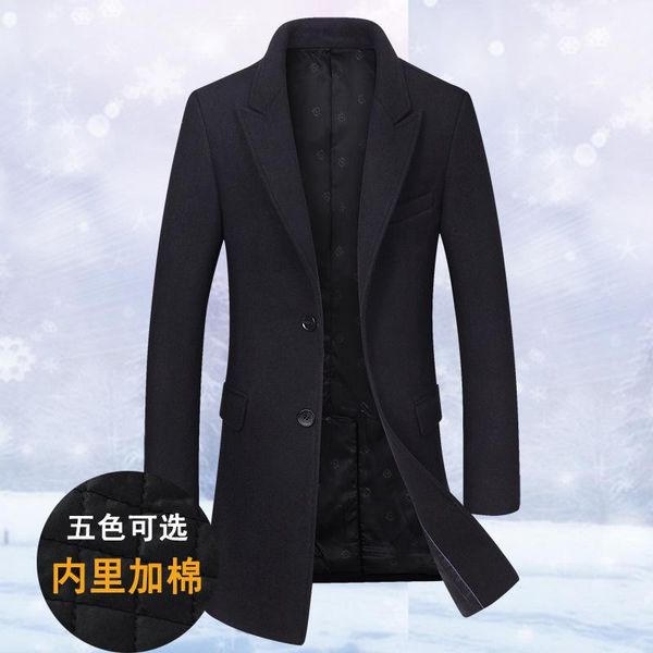 

men's wool & blends winter woolen coat slim fitting woollen cashmere medium length casual style, Black