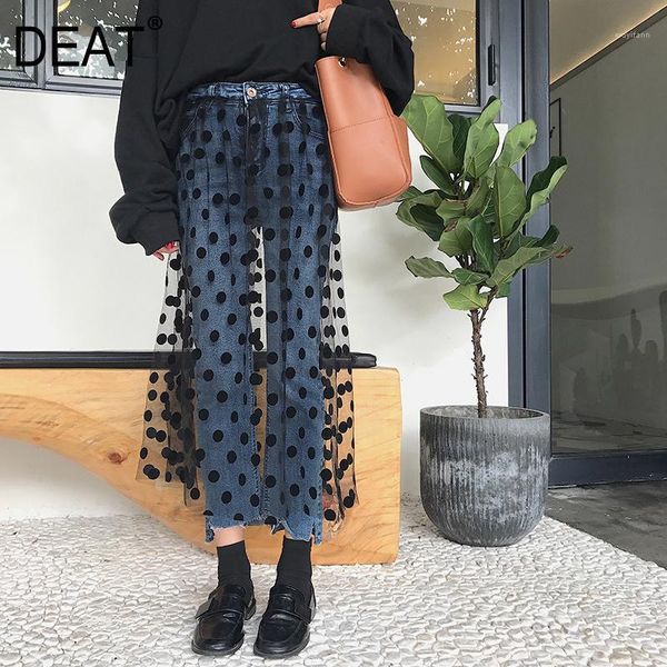 

deat] 2019 autumn fashion trend new pattern women's jeans mesh pot point stitching high waist edge wild straight slim ai8621, Blue