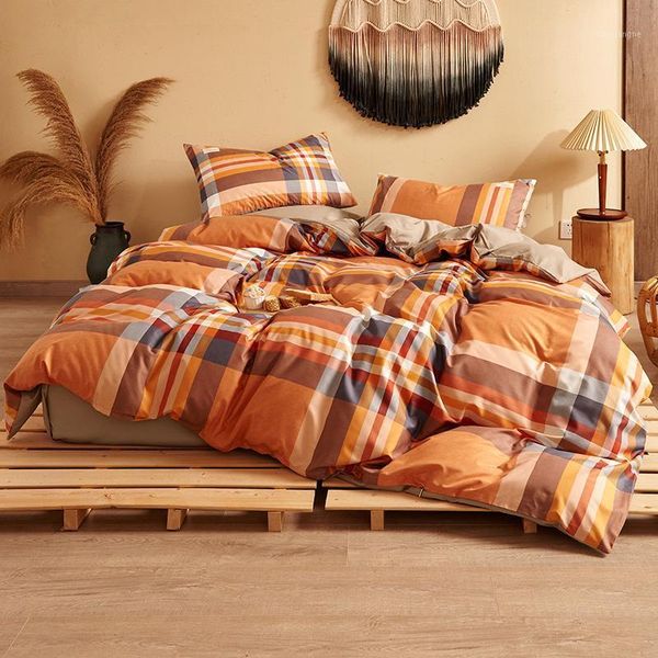 

4pcs plaid bedding set printed bed sheet flat sheet bed skirt spread cover quilt cover king  twin size double side1