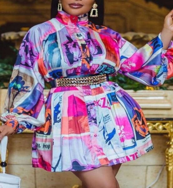 

jy2068 autumn / winter new style stand collar bubble sleeve printed shirt dress, Black;gray