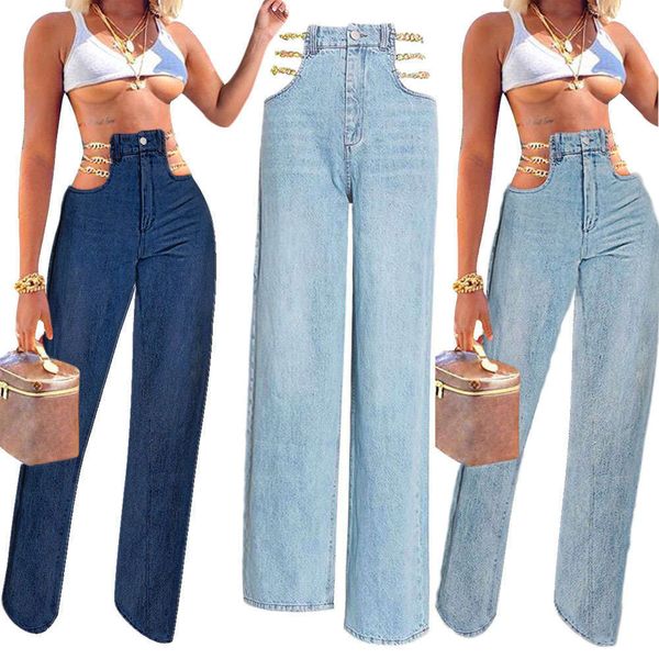 

s390008 hollow denim women's open waist chain straight pants autumn, Blue