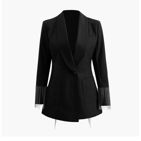 

handmade luxury blazer suits for women vintage open back irregular fringe chain single button short blazers coat black1, White;black