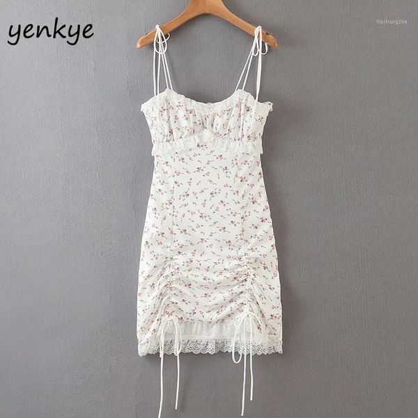 

romantic lace trim floral print sling dress women drawstring draped bodycon mini dress summer night out club party dresses1, Black;gray