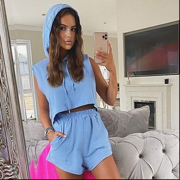 

casual womens hooded two piece suit 2021 summer new elastic waist solid color leisure tracksuit shorts set women 2 piece set, Gray