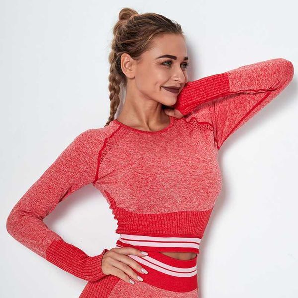 

yoga outfits women's fitness t-shirt sport crop long sleeve vital seamless power stretch gym wear running clothing,lf4021, White;red