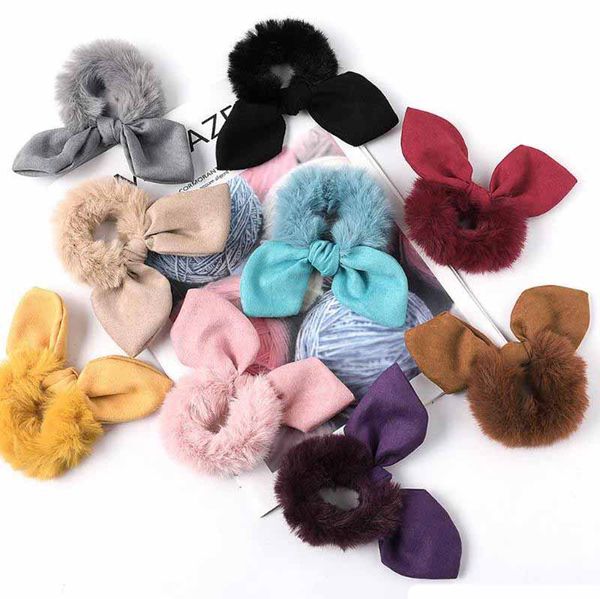 

baby rabbit ears hairband fur hair scrunchies fashion girls rubber bands scrunchie women ponytail holders hair accessories 9 color, Slivery;white