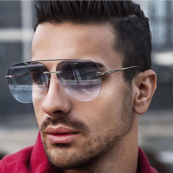 

2021 rimless alloy pilot sunglasses for men brand gradient sun glasses female metal oval shades black masculino, White;black