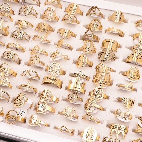 

50pcs/lot mix random style laser cut pattern golden color stainless steel rings women party ring 201218, Silver