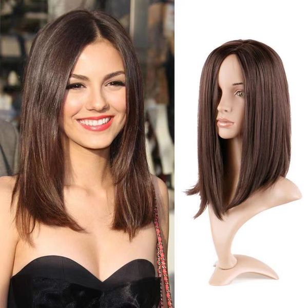 

14-inch wig for women with long straight hair with chemical fiber mechanism wig brown medium parting collarbone wig hair cover, Black;brown