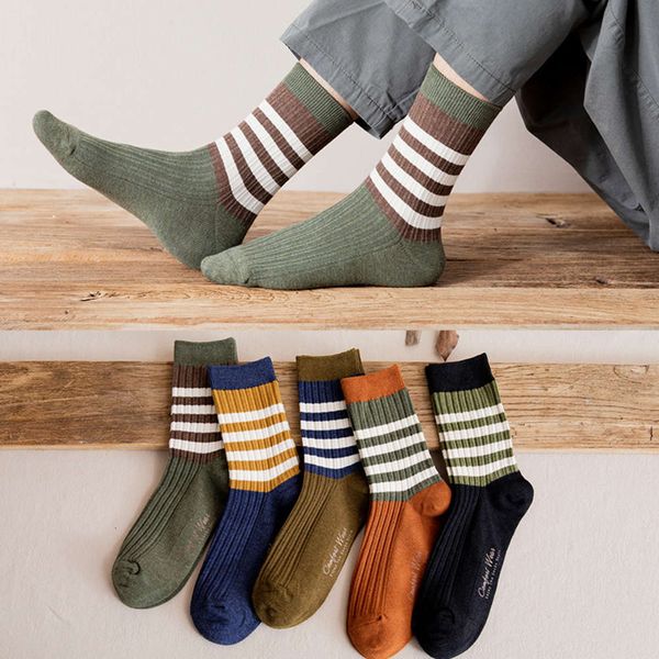 

middle tube striped men's words cotton socks sweat absorption breathable double needle personalized business, Black