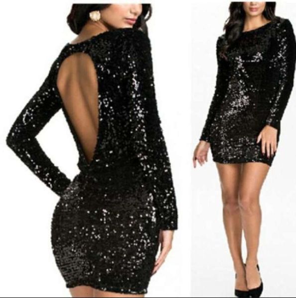 

sequin sleeve women's long autumn new open backpack hip dress, Black;gray