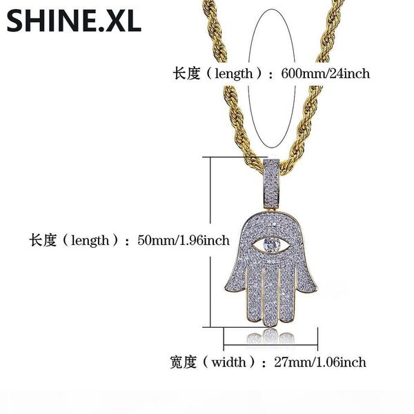 

hip hop evil eye hand hamsa pendant necklace womens gold color plated iced out micro paved cz chain, Silver