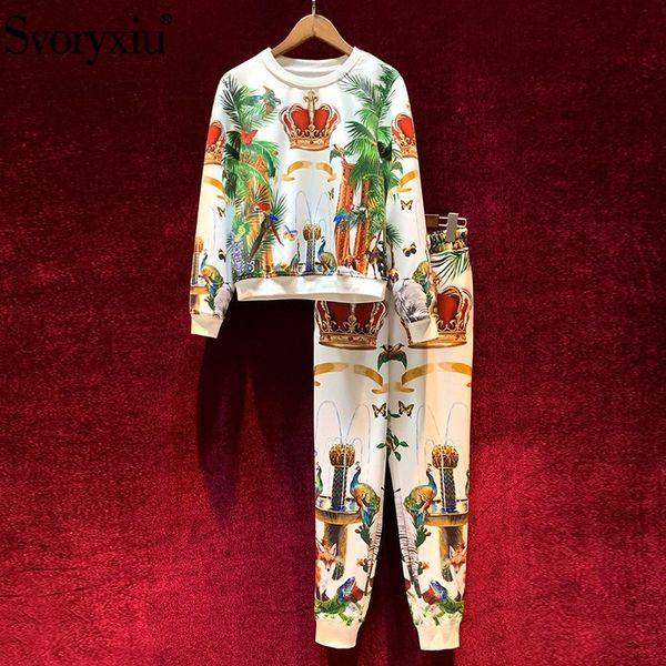 

svoryxiu fashion runway autumn winter pants suits women's vintage crown animal printing casual motion two piece set female 201110, White
