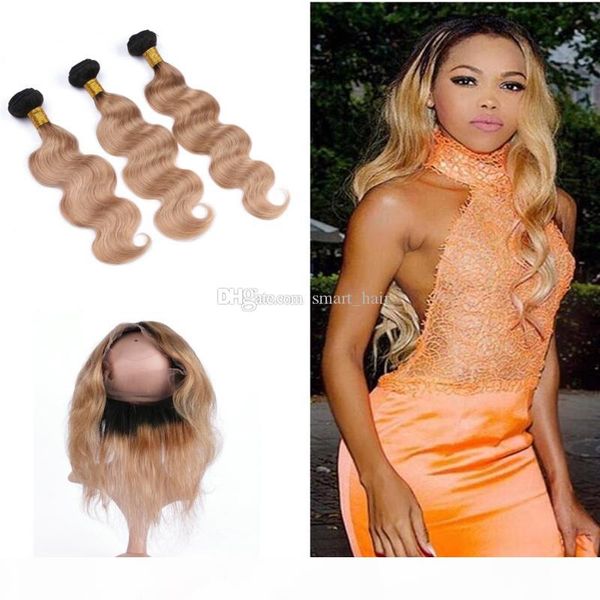

dark root 1b 27 honey blonde ombre brazilian body wave virgin human hair bundles with pre plucked 360 full lace band frontal, Black;brown
