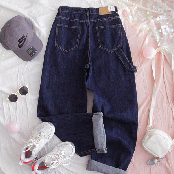 

young girl high waist casual pants loose student slim wide leg straight pants preppy style harajuku style women denim trousers1, Blue