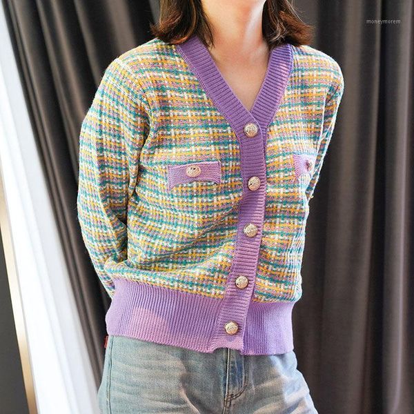 

women's knits & tees vintage patchwork cardigan women knitted y2k sweater casual elegant korean button-down 2021 autumn women's cl, White