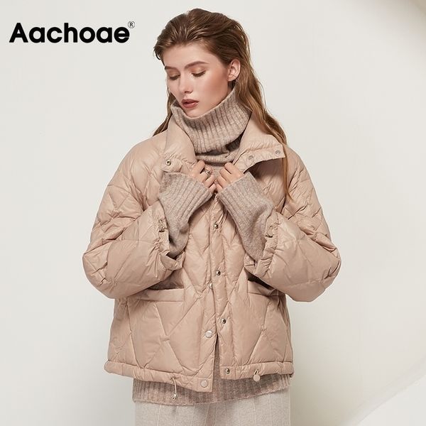 

aachoae casual solid women 90% white duck down jacket batwing sleeve loose pocket coat stand collar warm outwear ropa mujer 201103, Black